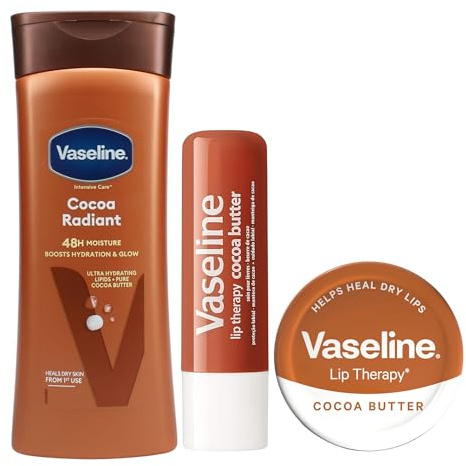 Vaseline Cocoa Butter Moisturising Bundle – 3 Piece Set (1 × 400ml Body Lotion, 1 × 4.8g Lip Care Stick, 1 × 20g Lip Balm) – Deep Hydration for Dry Skin & Lips