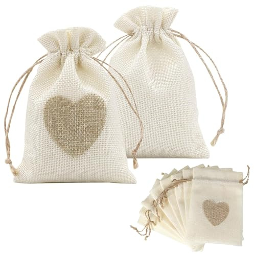 10 bolsitas para rellenar - Bolsitas pequeñas de 10 x 14 cm - Bolsitas de algodón con cordón - Bolsitas naturales - Bolsitas de regalo con corazón para rellenar con joyas DIY Boda Fiesta