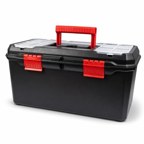 NAVOYS | 19 Toolbox with Removable Tray and Organiser Lid | Heavy Duty Plastic Storage Case | Secure Latches | Carry Handle | for Tools, Screws and Accessories