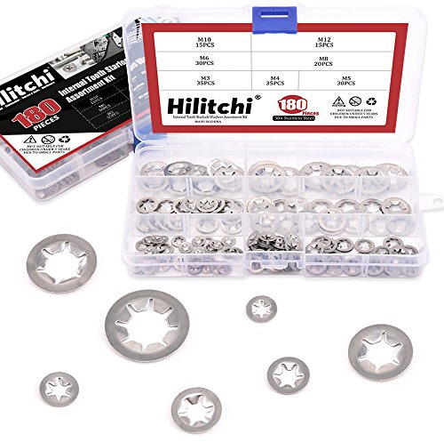 Hilitchi 180 pièces en acier inoxydable 304 Interne dent Starlock Rondelles rapide Vitesse verrouillage Rondelles Bouton on Speed Clips Attaches Assortiment kit – 7 Taille