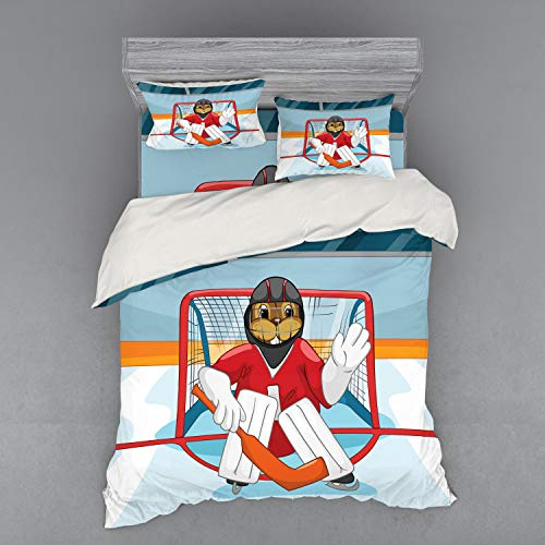 Ambesonne Hockey Bedding Set, Cartoon Style Beaver Plays as a Goalkeeper Fun Activity Theme Animal Mascot Design, 4 Piece Duvet Cover Set with Shams and Fitted Sheet, Queen Size, Multicolor