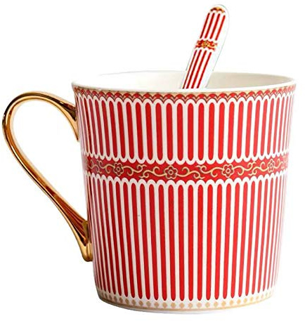 YBKTEX Bone China Teacup, 12oz- Stripe Pattern (Red)