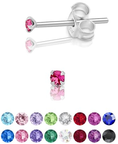Pendientes de Botón Plata Ley 925 on Cristales Brillantes Multicolor - Pendientes Pequeños Mujer Plata 925 - Punto de Luz Hipoalergénicos sin Niquel - Diámetro 2 mm