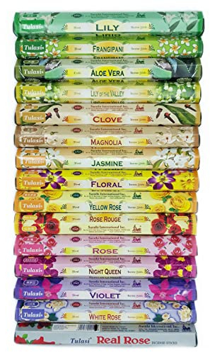 Pack 12 Cajas Surtido Incienso Natural Floral - 6 Aromas Distintos - Aromas Surtidos - Rosa, Jazmín, Violeta, Lirio, Aloe Vera, Clavo y más - para Hogar, Meditación, Yoga, Espiritual - 240 Varillas