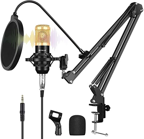 PULUZ Kondensatormikrofon-Set, Plug & Play mit Live-Soundkarte, Supernieren-Kondensatormikrofon mit Galgenarm und Stoßhalterung für YouTube Vlogging, Gaming, Podcasting (Gold)