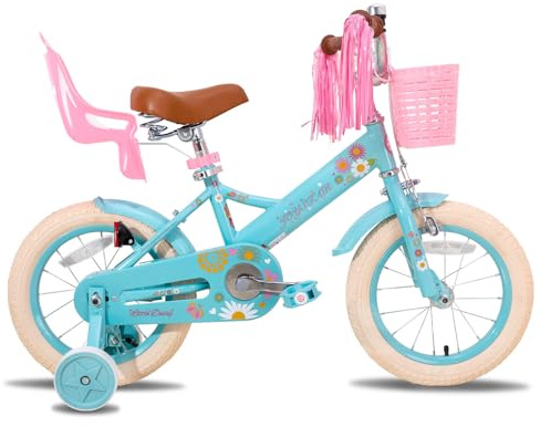 JOYSTAR 12-tums barncykel för flickor på 2–4 år, med stabilisatorer, flickcykel med korg, band och docksäte, blå