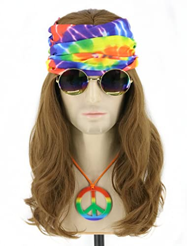 Topcosplay 4er Set Hippie Kostüm Vokuhila Perücke Bandanas Sonnenbrille Frieden Zeichen Halskette 70er 80er Jahre Disco Lang Lockig Perücken für Karneval Halloween (Lockig Disco Perücke)