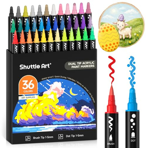 Shuttle Art Dual Tip Acrylic Paint Pens, 36 Colours Dot & Brush Paint Marker Pens, Paint Pens for Rock Painting, Ceramic, Wood, Fabric, Glass, Art Marker Pen Set for Kids Adults on Christmas Easter