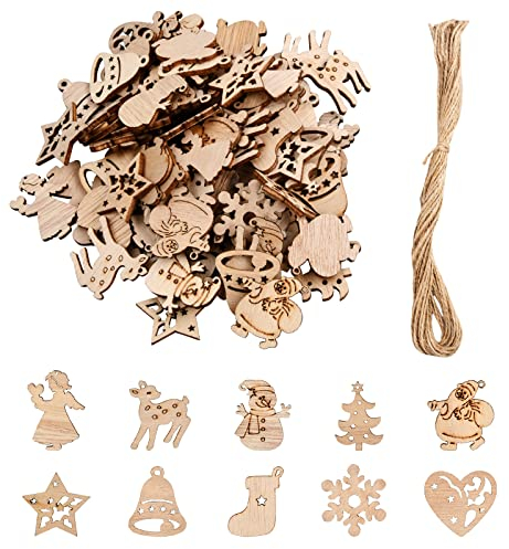 Jinlaili 100Stk Holz Anhänger Weihnachten, Christbaumschmuck, Kleine Anhänger, Weihnachtsanhänger Deko Mit Hanfseil, Mini Ornament für Weihnachtsbaum DIY Basteln
