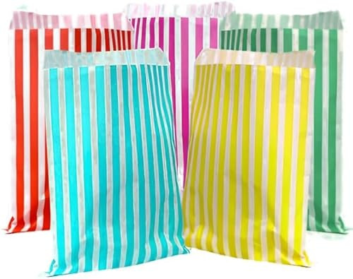 AMD Nexus 100 5 x 7 Striped Candy Sweet Paper Bags | Wedding Buffet Favour Cake Gift Pick n Mix Shop | Premium Quality UK Made (Mixed)