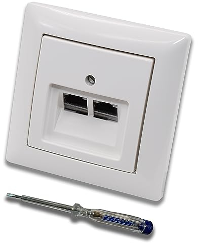 Busch Jäger, Rutenbeck Unterputz Netzwerkdose Ethernet 10 Gigabit/S (10GbE) KAT6A 6A - 2xRJ45 Anschluss in BalanceSi alpinweiß Rahmen und UAE Abdeckung inkl. EBROM Phasenprüfer zur Montage des Geräts