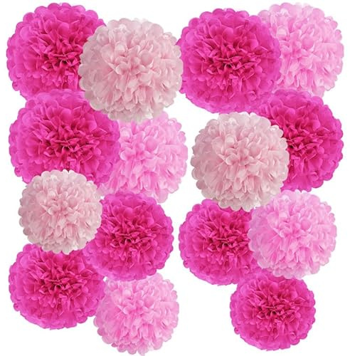 SUNBEAUTY Party Decorations Pom Poms - 15 pcs Hot Pink Tissue Paper Pom Poms Decoration Summer Party Decorations for Wedding Table Decor Birthday Baby Shower Prom Garden Boho Bridal Showers Decoration