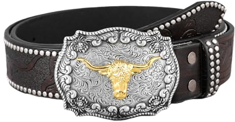 Surrycee Western-Longhorn-Gürtel mit Bullenkopf-Schnalle für Herren und Damen, Cowboy, Cowgirl, Country, Rodeo, Schnalle, Nietengürtel, Jeans, Hosen, Kleider, 38mm breit,Kaffee,110cm/waist:36~38