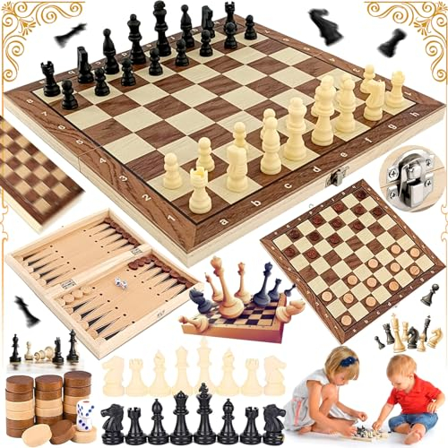 Mikqky 3 In 1 Schachbrett Holz, Hochwertig Schach Dame Backgammon, S-chachspiel Klappbar, Schachbrett Schachspiel Schach Aus Holz, Schachspiel Kinder, Für Kinder und Erwachsene(11,4 x 11,4 x 0,6 Zoll)
