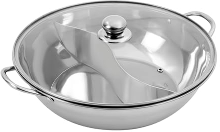 Hot Pot Wok, Stainless Steel Hot Pot with Divider, Shabu Shabu Pot with Glass Lid with Double Handle (34 cm)