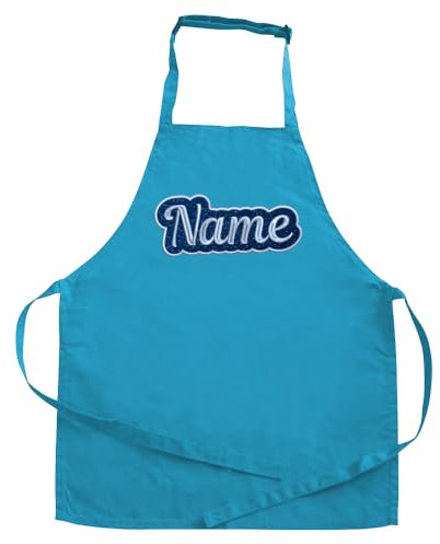 Elefantasie Personalisierte Schürze mit Name auf GLITZER gestickt, Kochschürze zum Backen, Kochen für Kinder und Erwachsene 3-6 Jahre türkis