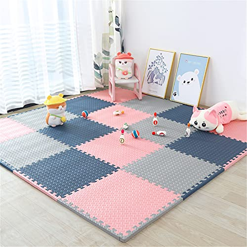 Kriech-Puzzlematten, 0,39 Zoll Dicke, ineinandergreifende Bodenfliesenmatten aus weichem Schaumstoff für große, mehrfarbige, rutschfeste Spielmatten, Marineblau + Grau + Rosa, 12