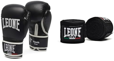 LEONE 1947, Guantes De Boxeo Flash, Unisex Adulto, Negro, 12 OZ, GN083 &, Vendajes, Negro, 3.5 m, AB705