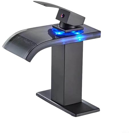 Robinet d'alimentation à débit d'eau, robinet de salle de bain noir mat, robinet d'évier de salle de bain avec lumière LED sans trop-plein, bouchon de vidange à poignée unique