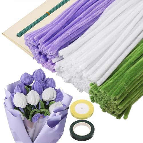 320pcs Pipe Cleaners for Craft, 30cm Long Pipe Cleaners Craft Set with Flower Stems Florist Tape, Super Flexible Tulip Bouquet Pipecleaners, Purple White Green Fluffy Pipe Cleaners for DIY Craft