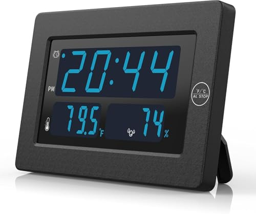 KWANWA Digital Alarm Clock with Temperature & Humidity Display, 3 Adjustable Brightness Levels, 12/24H Format, Battery Powered, Desk or Wall Clock for Bedroom, Bedside, Office, Nightstand