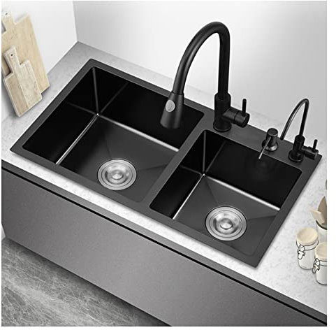 generisch Lavabo doppio nero da incasso o da incasso, per cucine, lavanderie, balconi e negozi