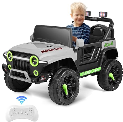 nmoiww Coche eléctrico para niños de 12 V, Control Remoto de 2,4 G, Carga máxima de 50 kg, con Luces LED, música, Altavoces, Funciones USB (Gris)