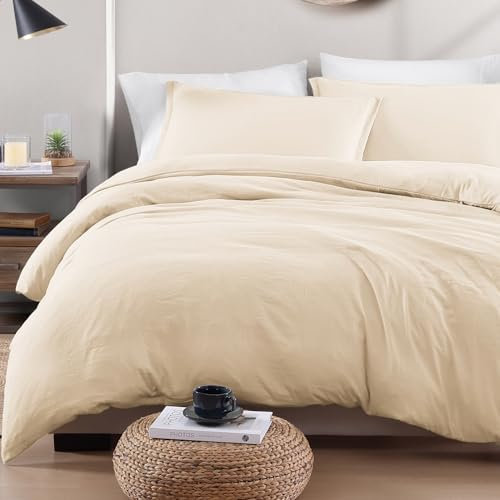 LANE LINEN 4-Piece Double Bedding Set - Pre-Washed Microfiber Duvet Cover, Fitted Sheet, and Pillowcase – Cozy and Durable (Ivory)