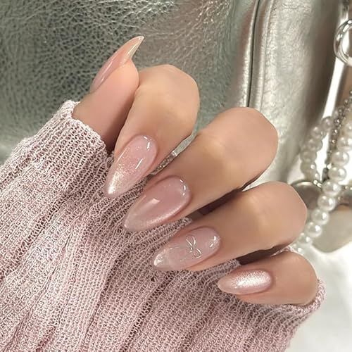 Cat Eye False Nails Press on Nails White Tip Stick on Nails, Pink French Fake Nails Short Glossy Acrylic Full Cover Stick on Nails for Women Girls Nail Art Accessories