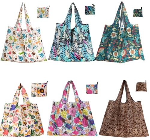 ROSSRORE Large Reusable Grocery Bags, Lightweight and Durable Extra Large Shopping Washable and Foldable Women's Cloth Bags, 6-Piece Set Size XL Leopard