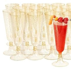YWKJDDM Plastic Champagne Flutes, 25PCS Clear Champagne Flutes 150ML Reusable Stemmed Party Wine Cups, Gold Glitter Champagne Glasses for Garden Wedding Birthday Anniversary Party