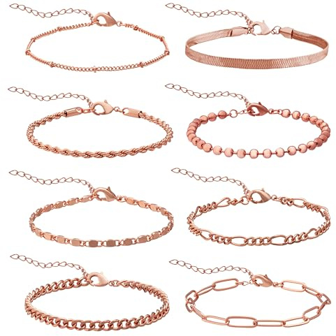 GUJOXILA 8pcs Rose Gold Bracelets for Women Ladies Rose Gold Plated Bracelet Set Adjustable Stack Layered Dainty Link Chain Bracelets for Girls