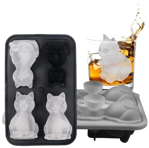 Cat Ice Cube Tray,4 Hole Silicone Ice Tray with Lid,Ice Cube Tray Shapes,Silicone Ice Cube Moulds,for Cocktails, Whisky, Baby Food,Fruit, Wine, Coffee
