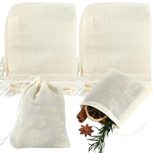 40 Stück Gewürzsäckchen Zum Kochen, 8 x 10cm Gewürzbeutel Zum Mitkochen Mit Kordelzug, Wiederverwendbar Baumwollsäckchen, Teebeutel Zum Selbstbefüllen für Tee, Kaffee, Filter, Gewürze