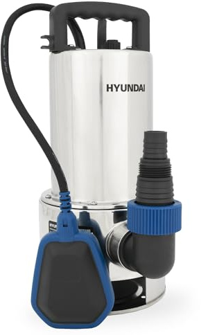 HYUNDAI Schmutzwasser-Tauchpumpe TP10019D | 1000 W, Fördermenge 19.500 l/h, | Eintauchtiefe: max. 7 m, Förderhöhe: max. 9 m | Partikelgrösse: max. 35 mm | Schwimmschalter, Edelstahlgehäuse