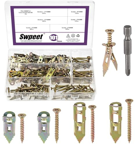 Swpeet 201 tasselli autoperforanti per cartongesso in 4 misure colorate, con viti e punte da trapano, senza trapano o fori nella parete per TV, bici, cinghie per mensole, tende di fissaggio decorative
