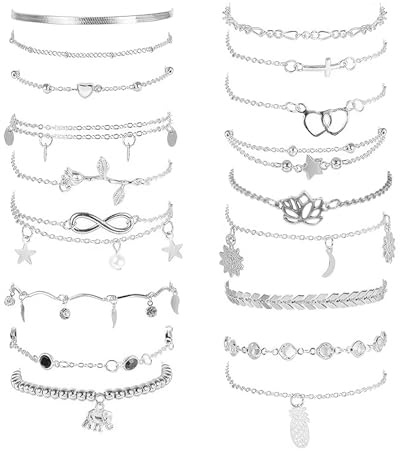 UICCVOKK 18Pcs Ankle Bracelets for Women, Alloy Anklet Silver Adjustable Women's Anklets, Beach Anklet Bracelet Jewelry Anklets Set