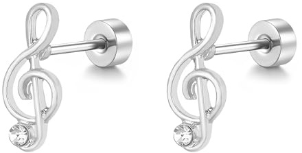 Pendientes de tuerca de cristal de circonita cúbica de 20 g para mujeres y hombres, aretes de cartílago hipoalergénicos de acero inoxidable, pequeños aretes planos de rosca, nota musical, regalos de