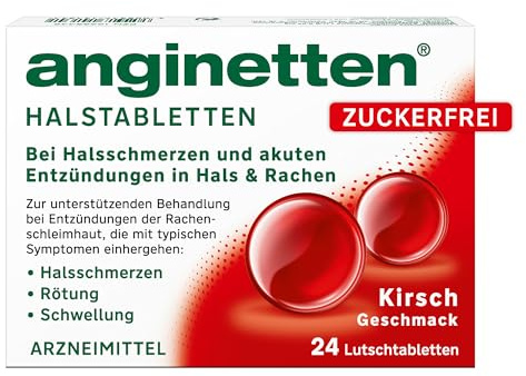anginetten Halstabletten zuckerfrei | Kirsche | 24 St | Zur unterstützenden Behandlung bei Entzündungen der Rachenschleimhaut, desinfiziert Mund & Rachen, ab 6 Jahren