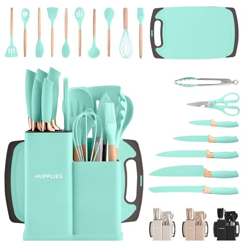 JUPPLIES Juego de Utensilios de Cocina de Silicona 19 Piezas con Cuchillos, Tijeras y Tabla de Cortar – Set Antiadherente Resistente al Calor – Apto para Todas Las Ollas y Sartenes - Verde