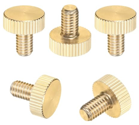 M METERXITY 5-Pack Knurled Thumb Screws, M6x10mm Solid Brass Flat Head Fully Threaded Knobs Bolts Fasteners W Grip for Electronic/Equipment/Industry/Home, Thumbscrew Threaded Knurled Tip