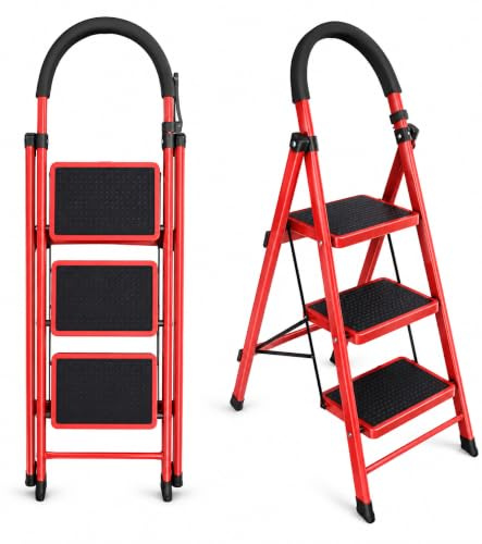 S SHAM® 3-Step Ladder, 3 step Folding Steel Ladder, 65 cm Height, Non-Slip Pedals, 150 kg Capacity, Lightweight step ladder, Red