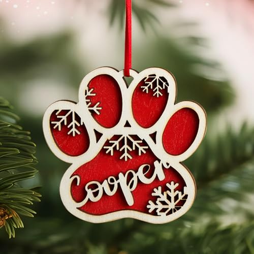 Personalisierte Weihnachtsschmuck mit Namen Hund Katze, Ornament Weihnachtsdeko aus Holz, Personalisiert Weihnachtsanhänger in Form eines Hundepfotenabdrucks, Geschenke für Paare, Familie und Freunde