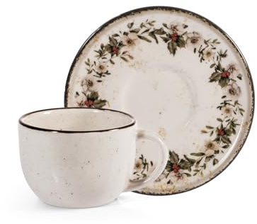 H&H Set di 4 Tazze da Caffè in Stoneware con Piattino – 115 cc – Beige Puntinato, Decorazione Nordic Garland con Ghirlanda Natalizia, Perfette per il Periodo Natalizio