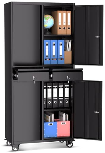 GarveeHome 73'' Metal Storage Cabinet, Heavy Duty Garage Storage with Wheels, Locking Doors and 2 Drawers, Adjustable Shelves, Black