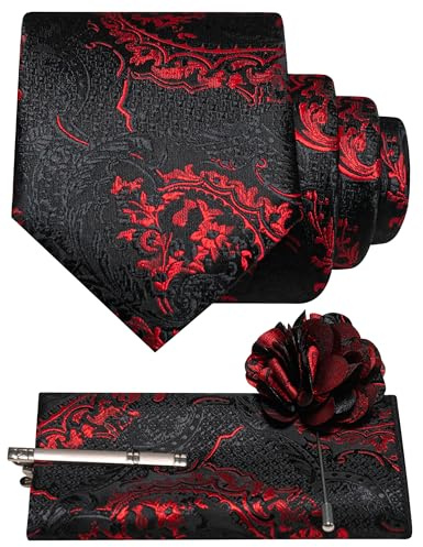JEMYGINS Schwarz Basierte Krawatte Set Herren Einstecktuch Krawattenklammer Ansteckblume mit Barock Muster für Hochzeit Business Party Mehrfarbig
