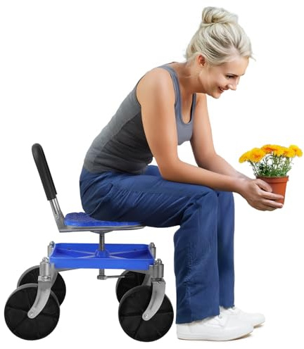 Fairnull Rolling Garden Seat Adjustable Height, 360 Degree Swivel Gardening Stool with Tool Tray, 150kg Capacity, Steel Frame with Wheels for Garage Gardening and Workshop (Blue)