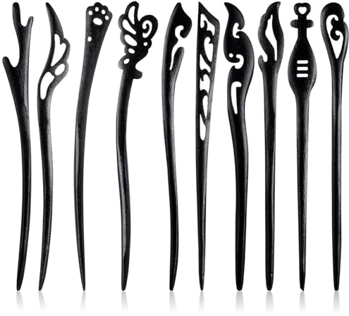 10Pcs Wooden Hair Sticks, Vintage Chinese Hair Chopsticks Black Japanese Hair Pins for Buns Chignon Hairs Forks Accessories for Women Girls Long Hairs