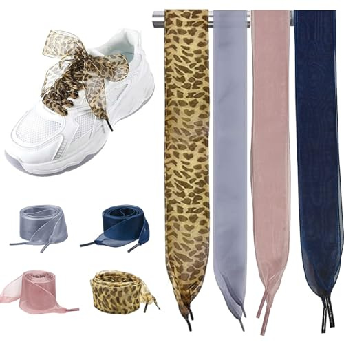 Floruvia 4 paires de lacets en satin, ruban doux 120 cm, décoration de baskets pour femmes et filles, accessoire scintillant pour chaussures, cadeau de sneakers