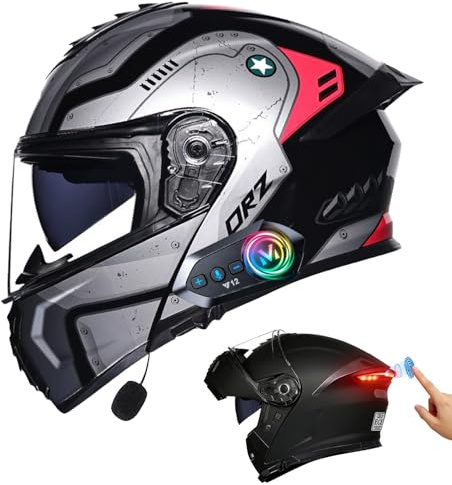 Casque Moto Modulable Rabattable Bluetooth, Homologué Dot & ECE, avec Feu Arrière LED et Double Visière Anti-Buée, pour Adulte Unisexe, Adapté pour Scooter, VTT et Moto Électrique(L,L=59-60cm)